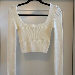 White Ribbed Scoop Neck Crop Sweater - Women